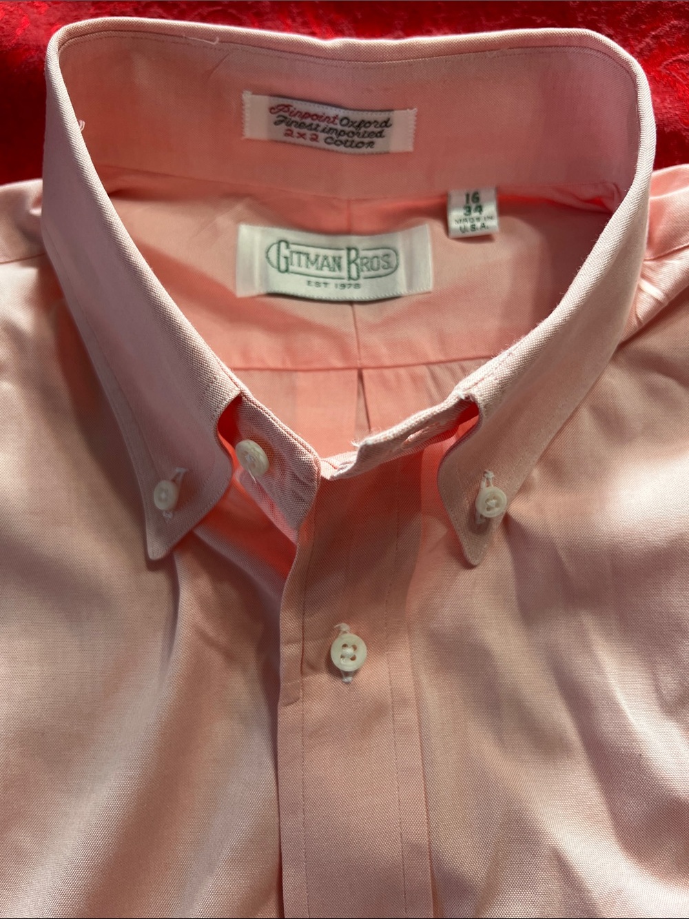 Gitman Bros Pinpoint Oxford Shirt Men’s 16 34 Pink Made in USA 100% Cotton